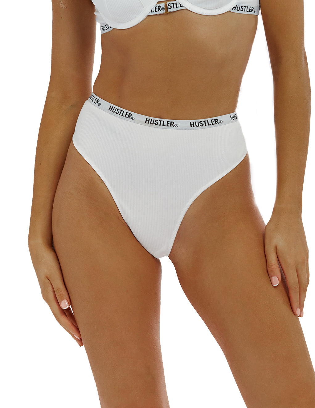 HUSTLER® Logo Ribbed High Waist Thong Ivory- Front