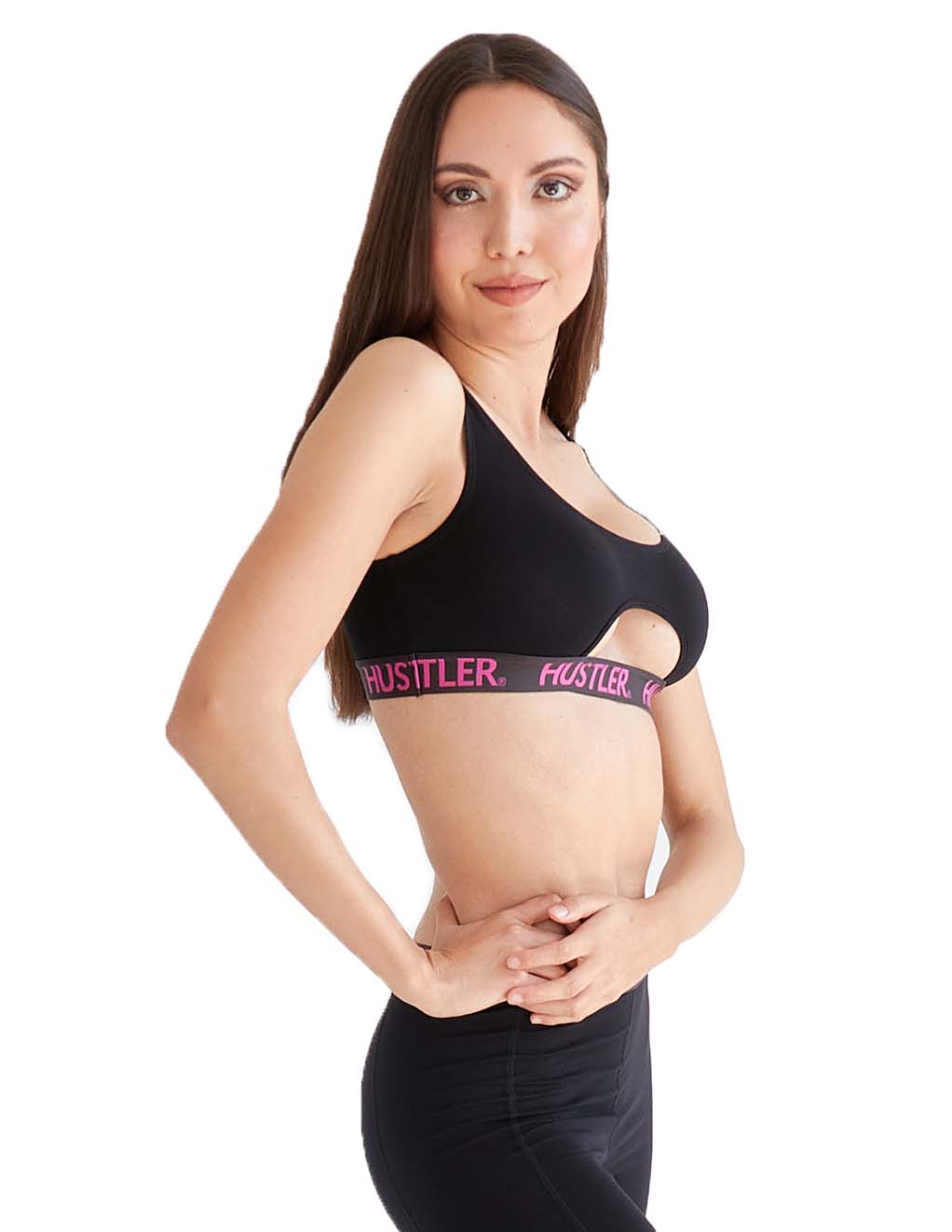 HUSTLER® Cutout Crop Top- Black/Pink - Front