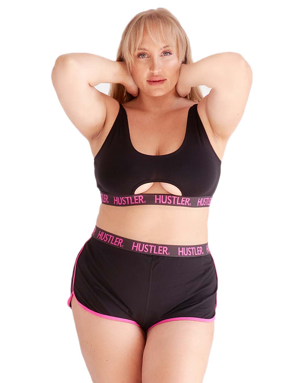 HUSTLER® Cutout Crop Top- Black/Pink- Plus Front