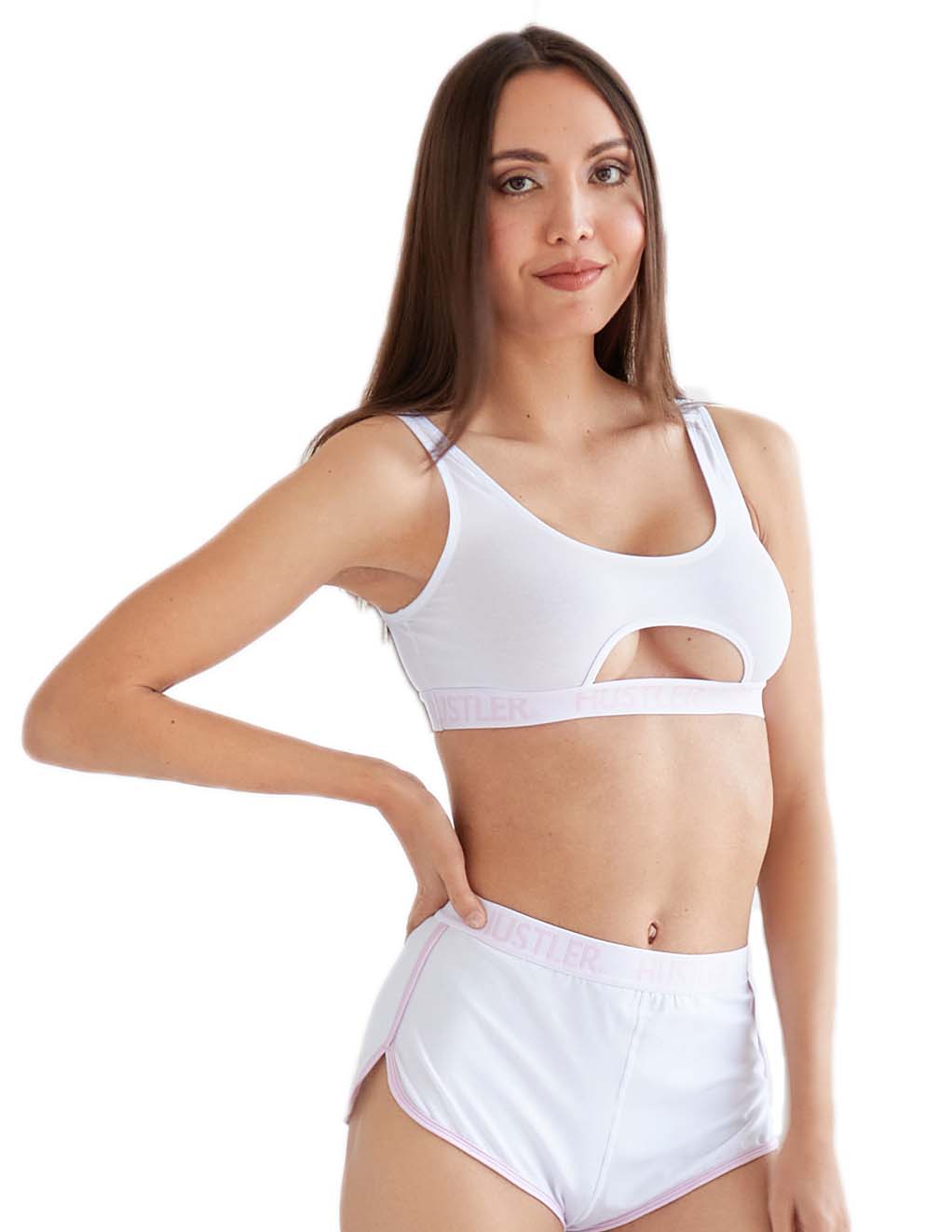HUSTLER® Cutout Crop Top- White/Pink- Front
