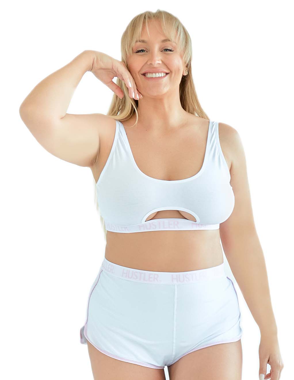 HUSTLER® Cutout Crop Top- White/Pink- Plus- Front