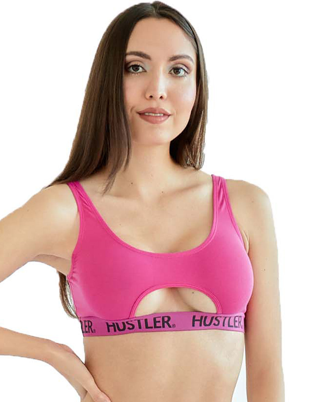 HUSTLER® Cutout Crop Top- Pink Black- Front- Cropped