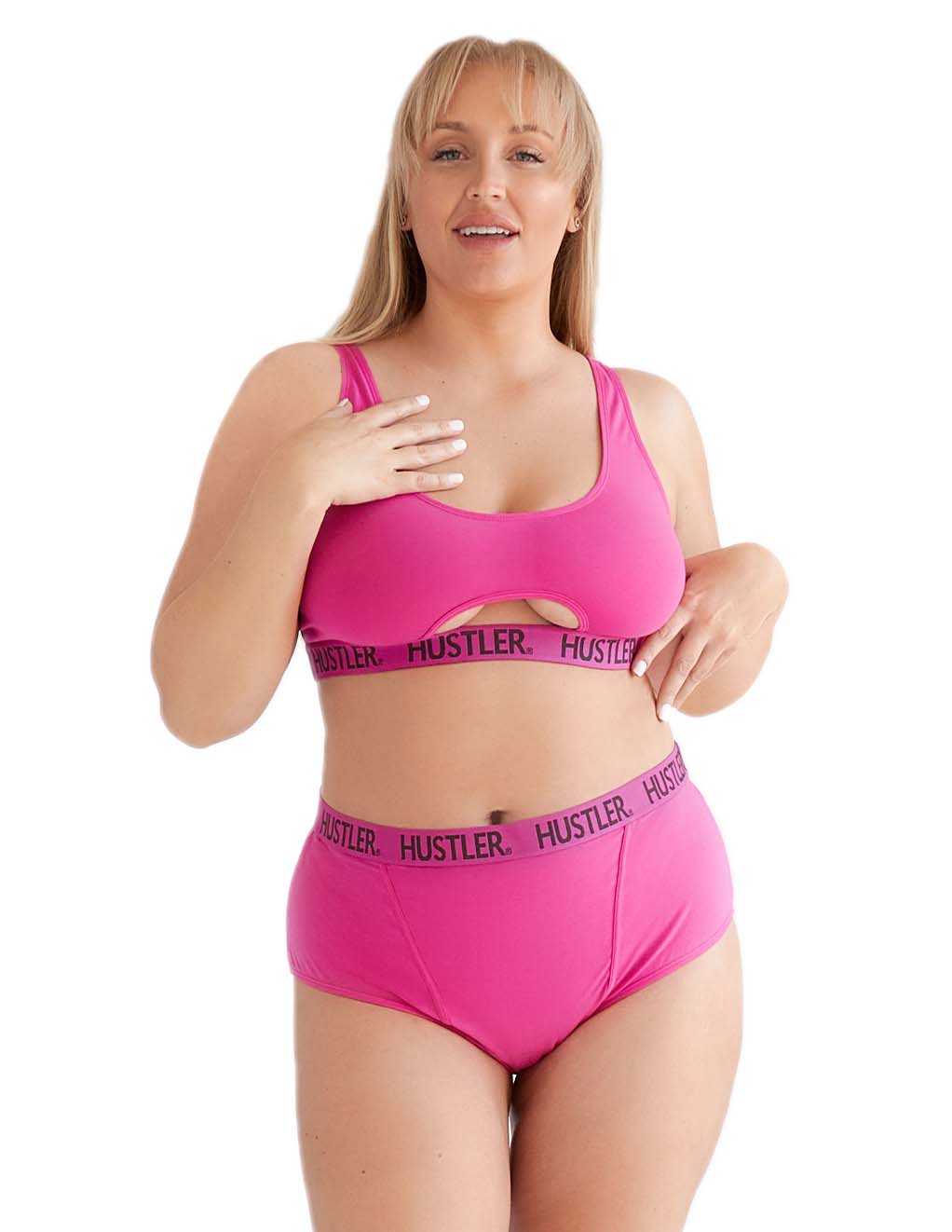 HUSTLER® Cutout Crop Top- Hot Pink/Black- Plus- Front