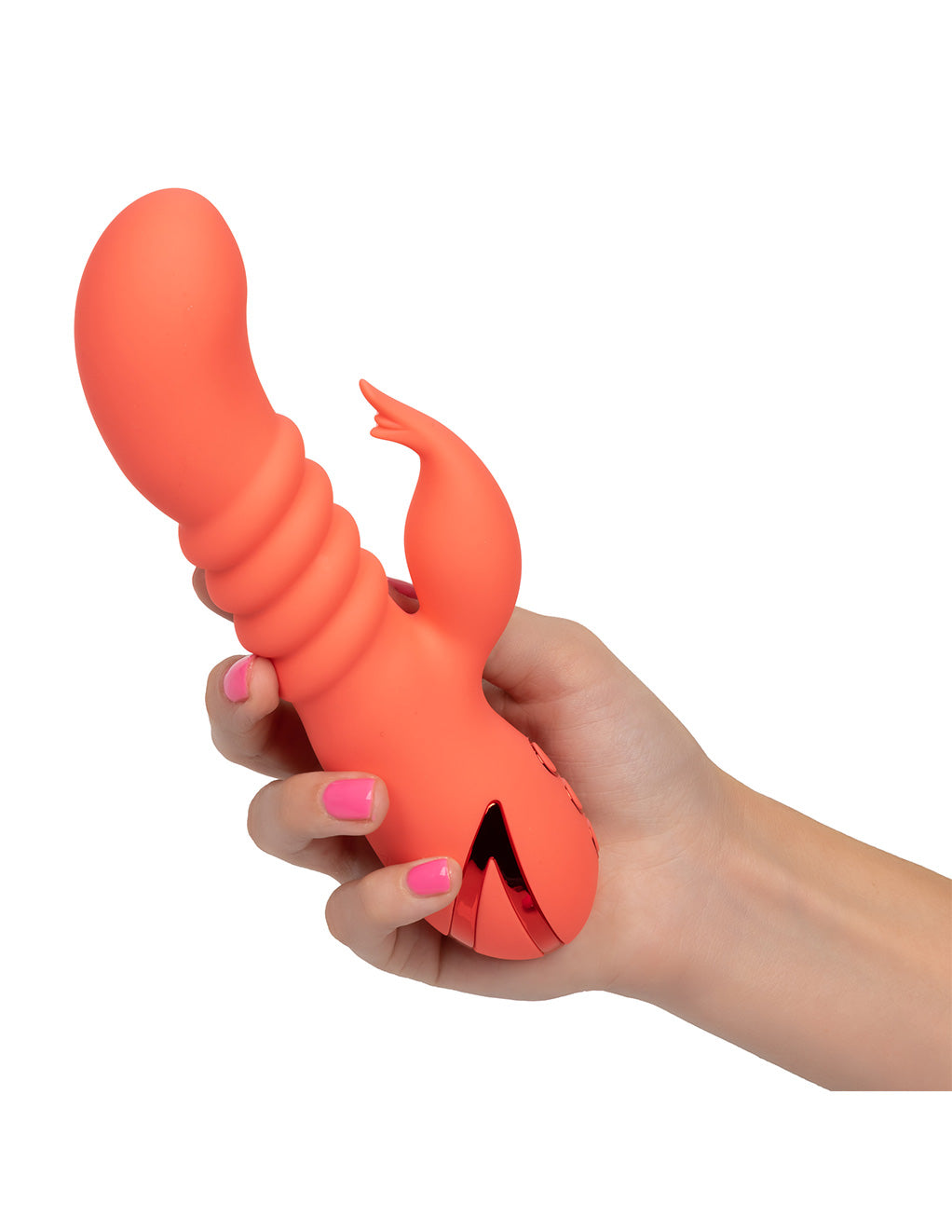California Dreaming Orange County Cutie Dual Stimulation Vibrator- In hand