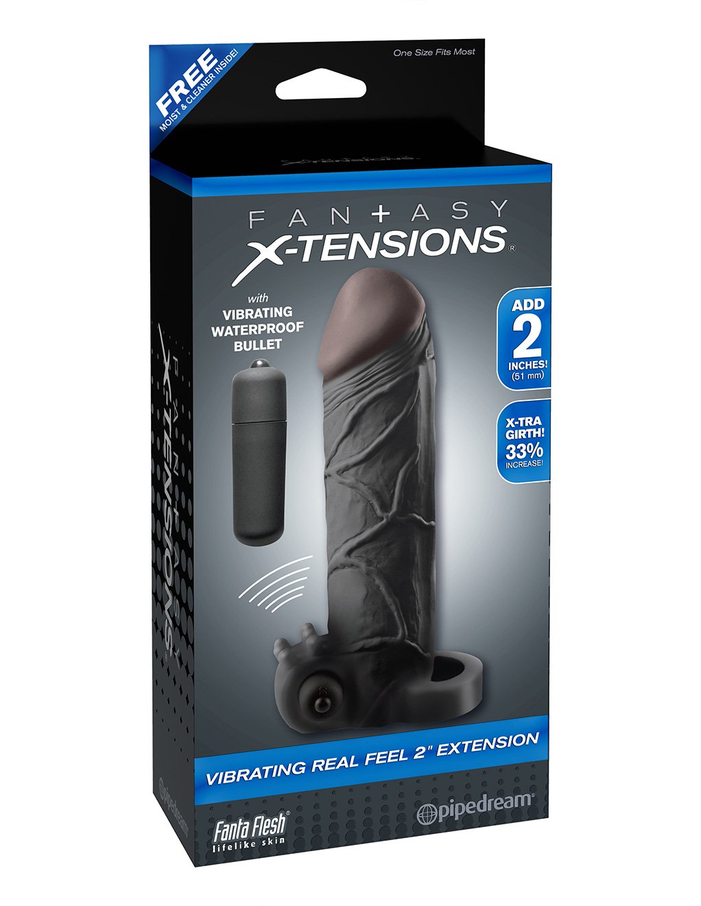 Fantasy X-Tensions Vibrating Real Feel 2 Inch Penis Extension- Black- Box