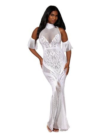 Halter Knit Lace Gown w. Flutter Sleeves