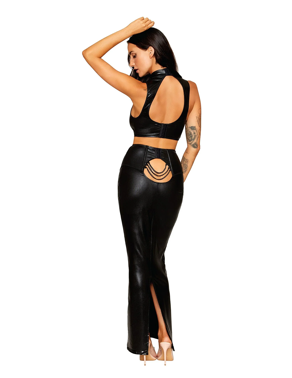 Faux Leather Harness Top & Chained Cutout Maxi Skirt Set