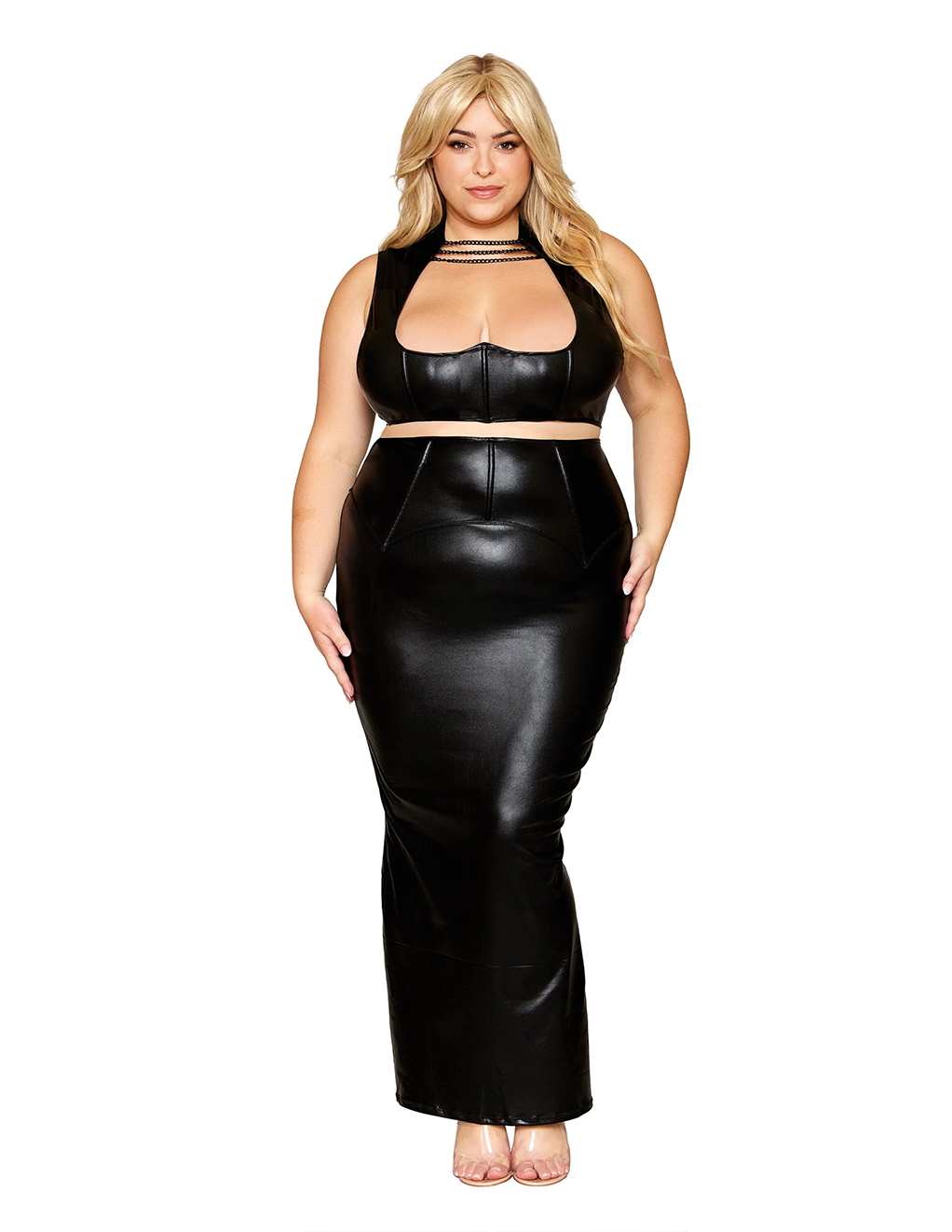 Faux Leather Harness Top & Chained Cutout Maxi Skirt Set plus