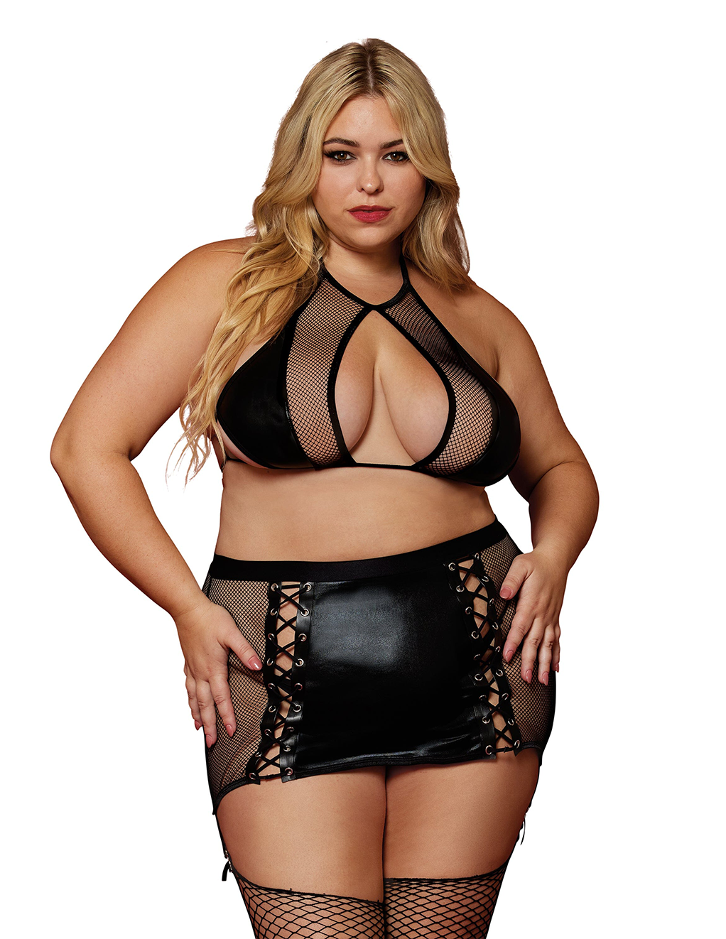 Dreamgirl Lace Up Faux Leather & Fishnet Spanking Skirt Set _ Queen Size