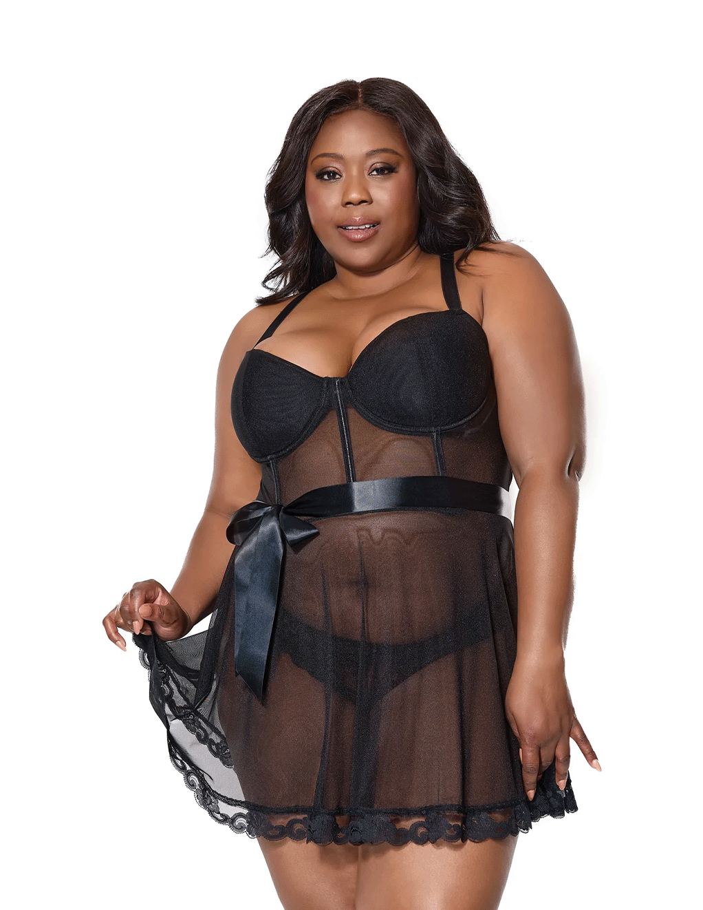 Sheer Mesh Apron Babydoll w. Satin Ribbon Belt