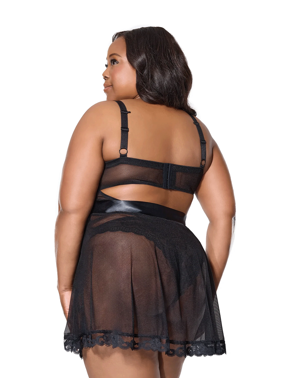 Sheer Mesh Apron Babydoll w. Satin Ribbon Belt