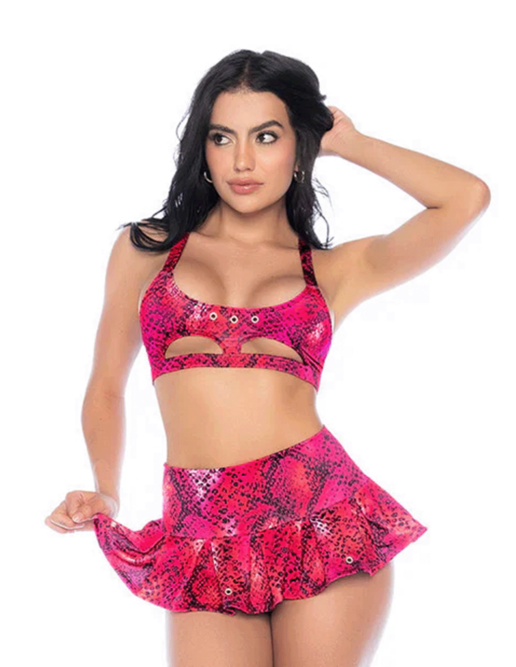 Snake Print Cut Out Crop Top & Ruffle Skirt Set