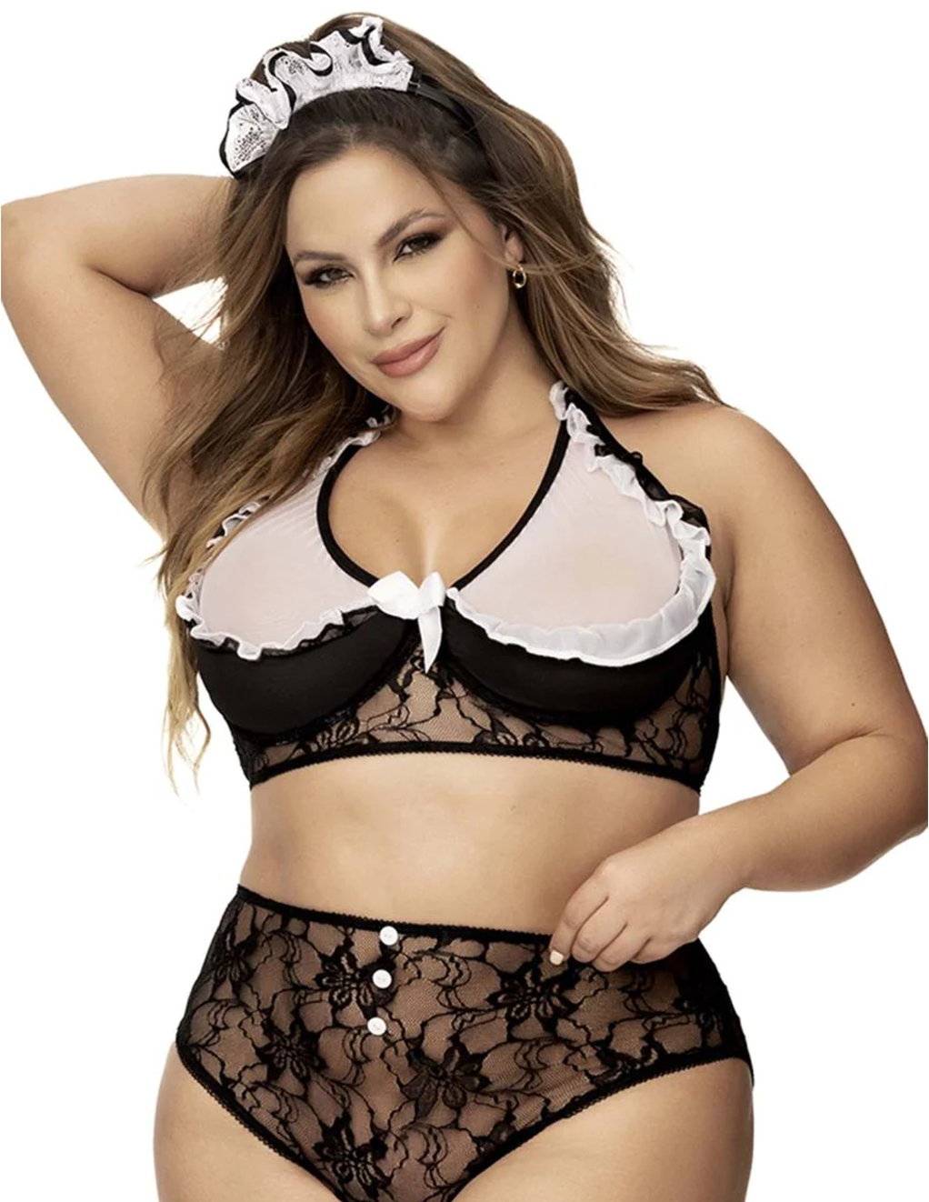 French Maid Ruffle Halter Bra & HW Lace Cut Out Panty