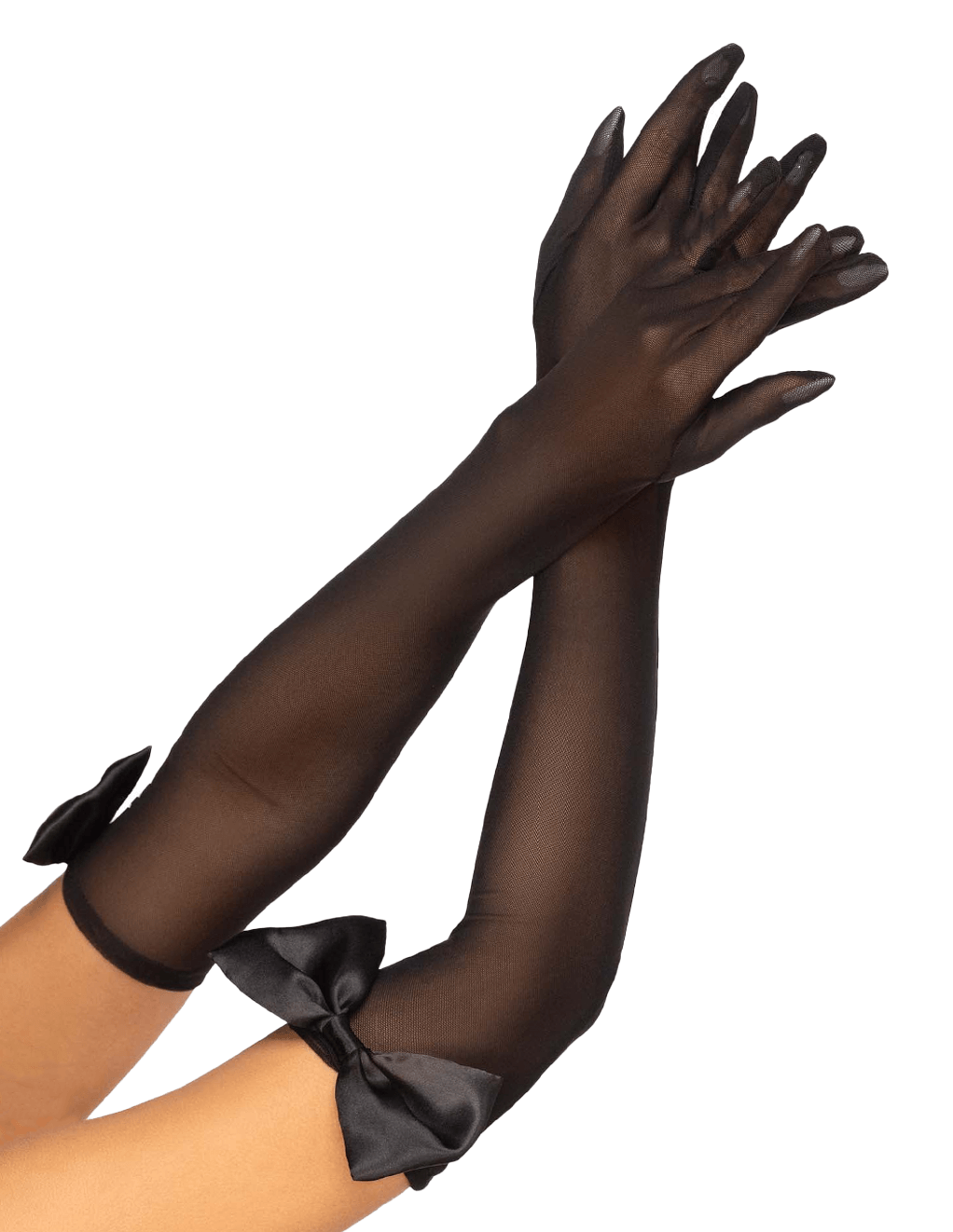 Sheer Mesh Opera Length Satin Bow Top Gloves - Black - Alt