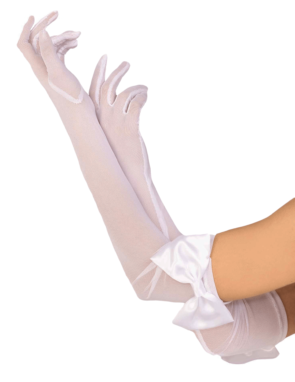 Sheer Mesh Opera Length Satin Bow Top Gloves - White - Main