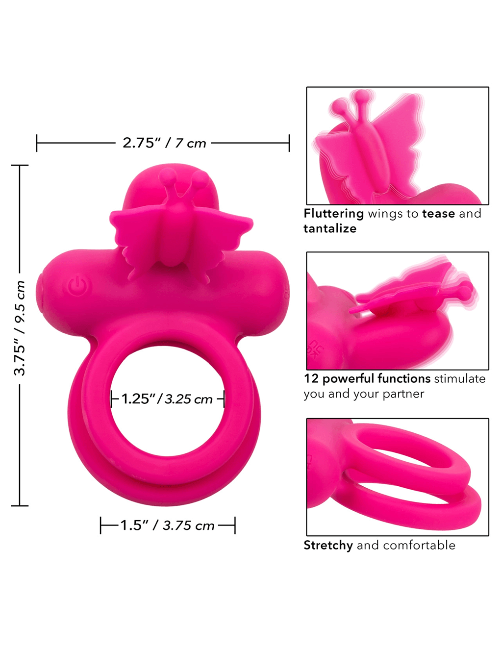 Silicone Rechargeable Butterfly Dual Ring - Pink - Specs