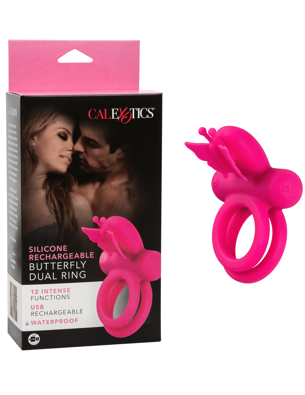 Silicone Rechargeable Butterfly Dual Ring - Pink - With Box