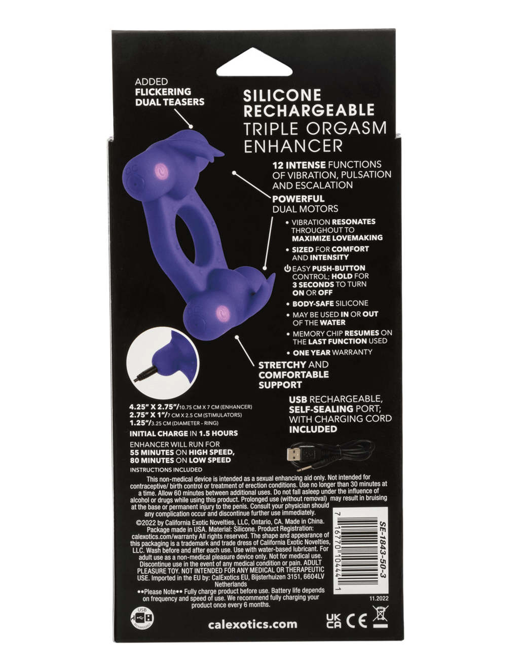 Silicone Rechargeable Triple Orgasm Enhancer - Purple - Box Back