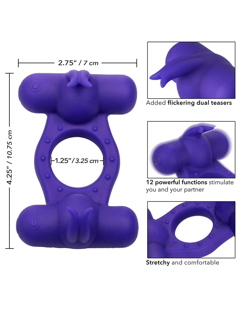 Silicone Rechargeable Triple Orgasm Enhancer - Purple - Specs