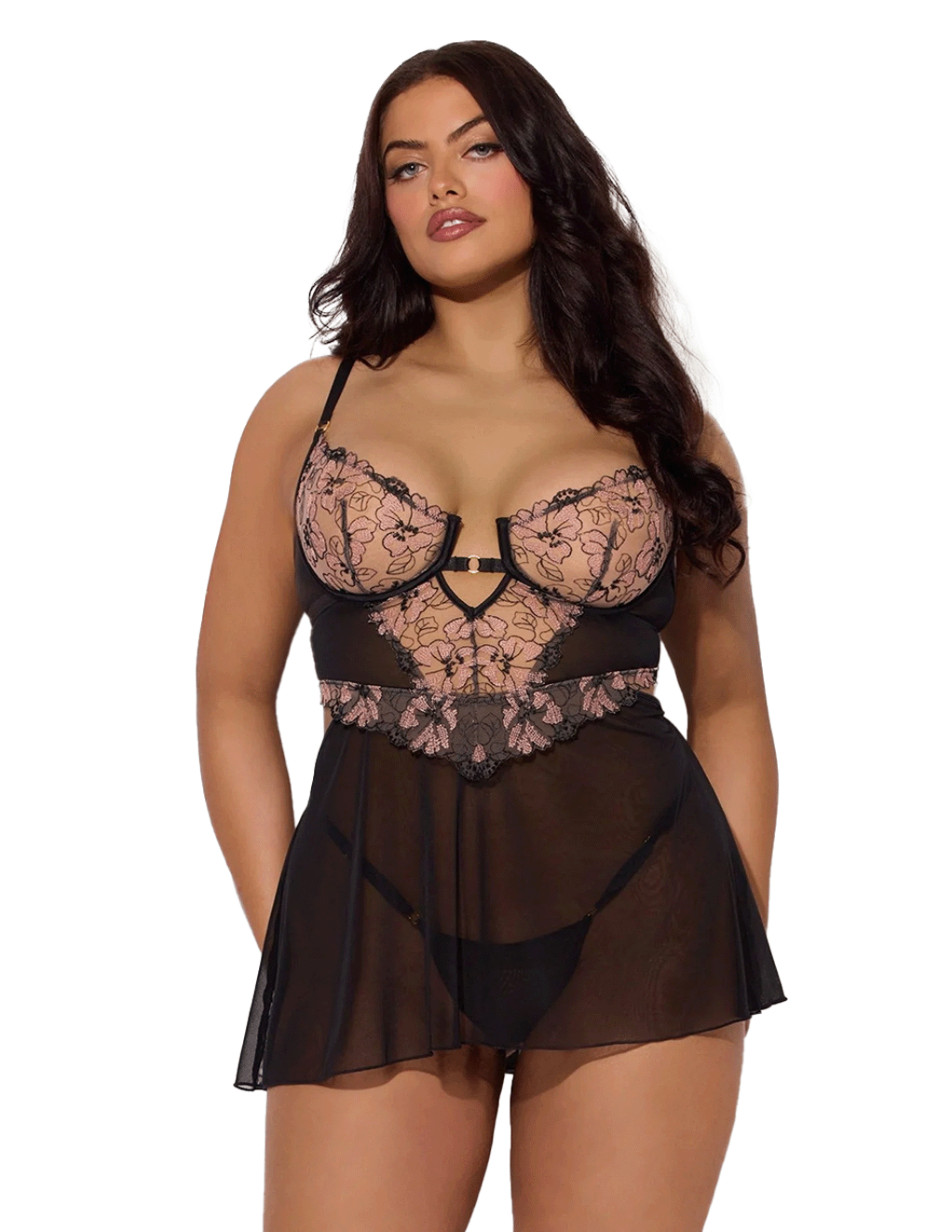 Nova Blacklight Reactive Floral Embroidered Babydoll & G-String Set
