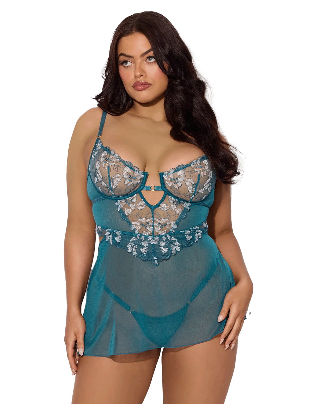 Nova Blacklight Reactive Floral Embroidered Babydoll & G-String Set