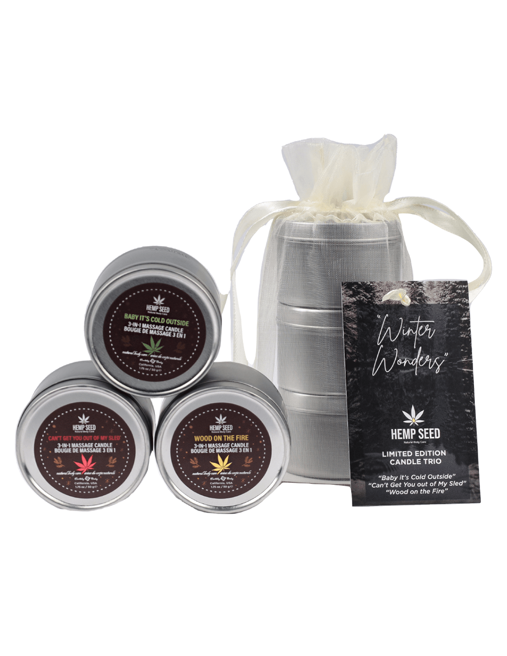 Hemp Seed Holiday Massage Candle Trio - Product With Package