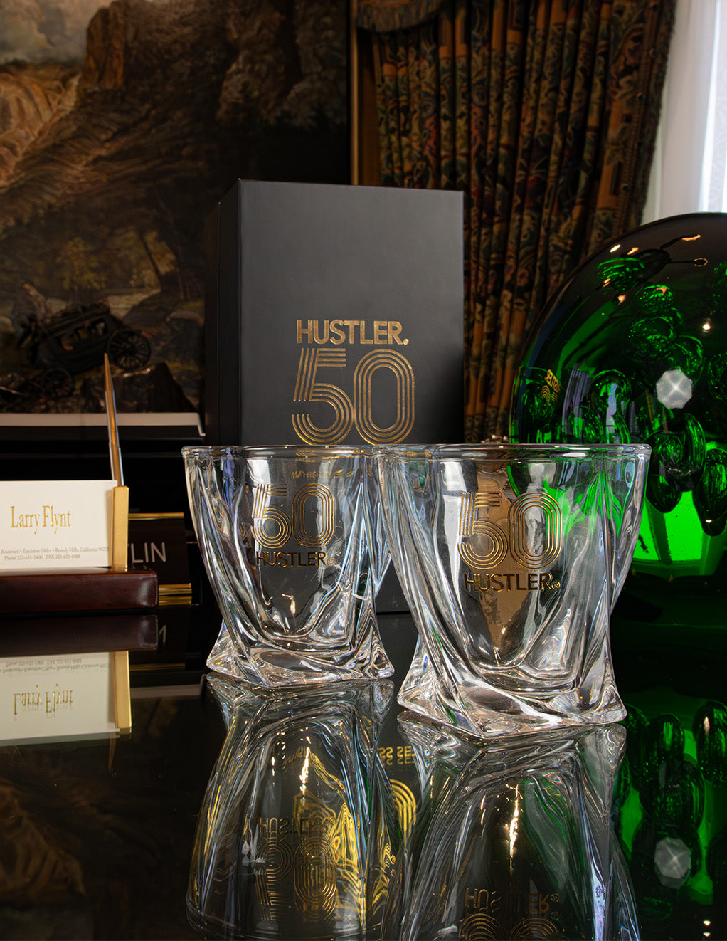 HUSTLER 50th Anniversary Whiskey Glass 2pc Set