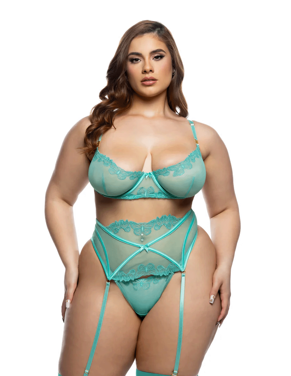 Butterfly Bliss Embroidery Mesh Underwire Bra, Garter Belt & G-String Set