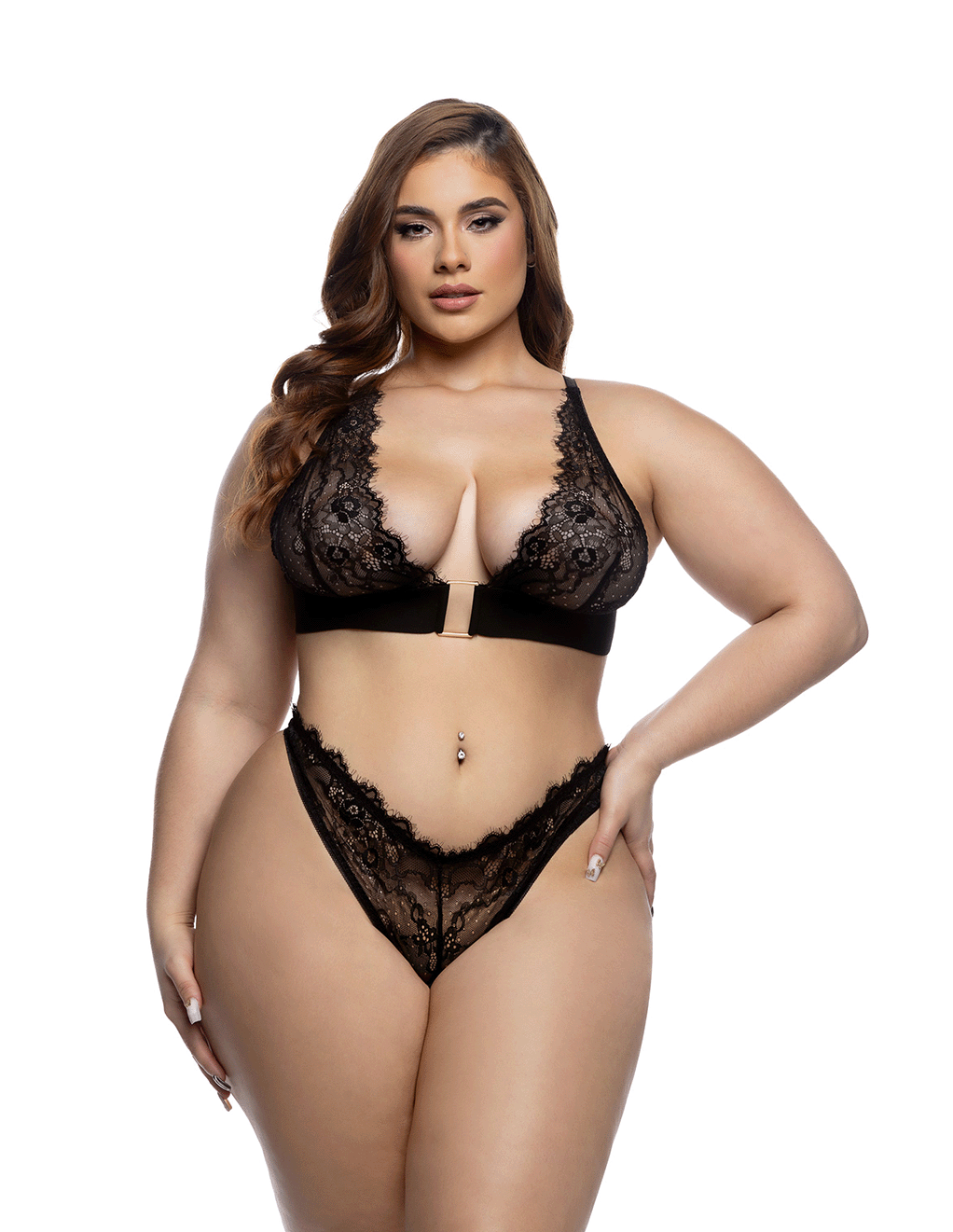Stretch Lace Plunge Bralette & High Leg Thong