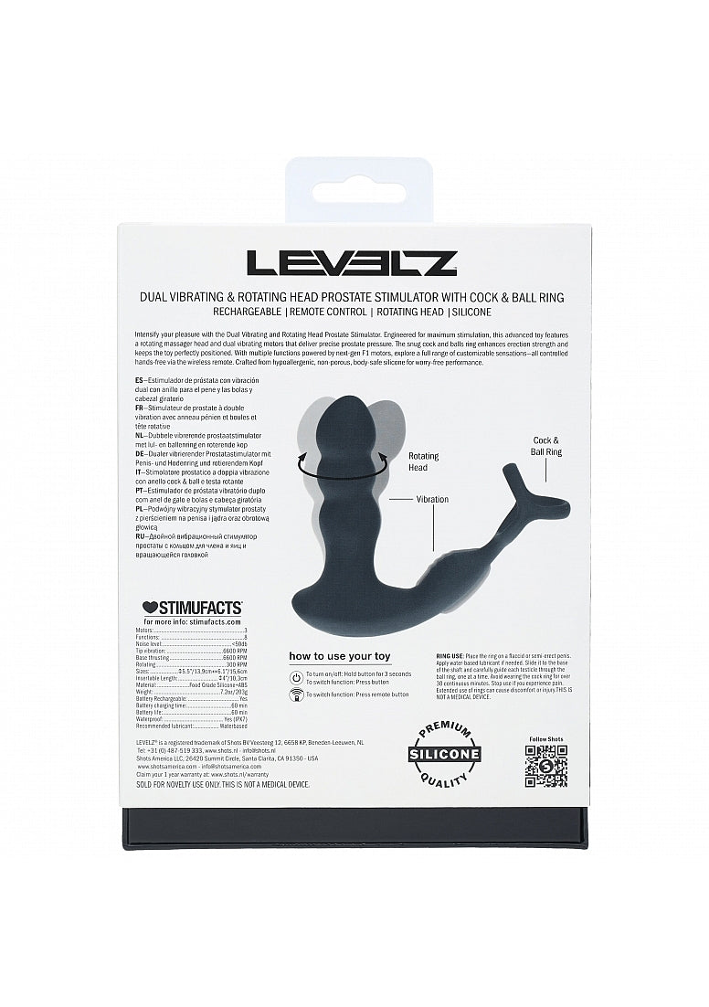 LEVELZ Remote Control Rotating Head Silicone Prostate Stimulator w. C&B Ring
