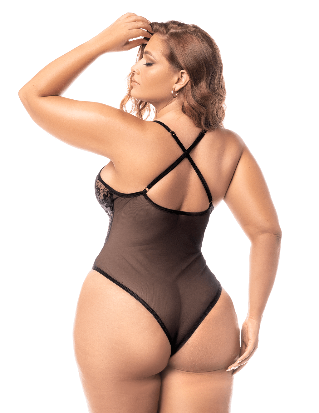 Mapale Embroidered Lace Plunge Teddy - Black - Plus Back