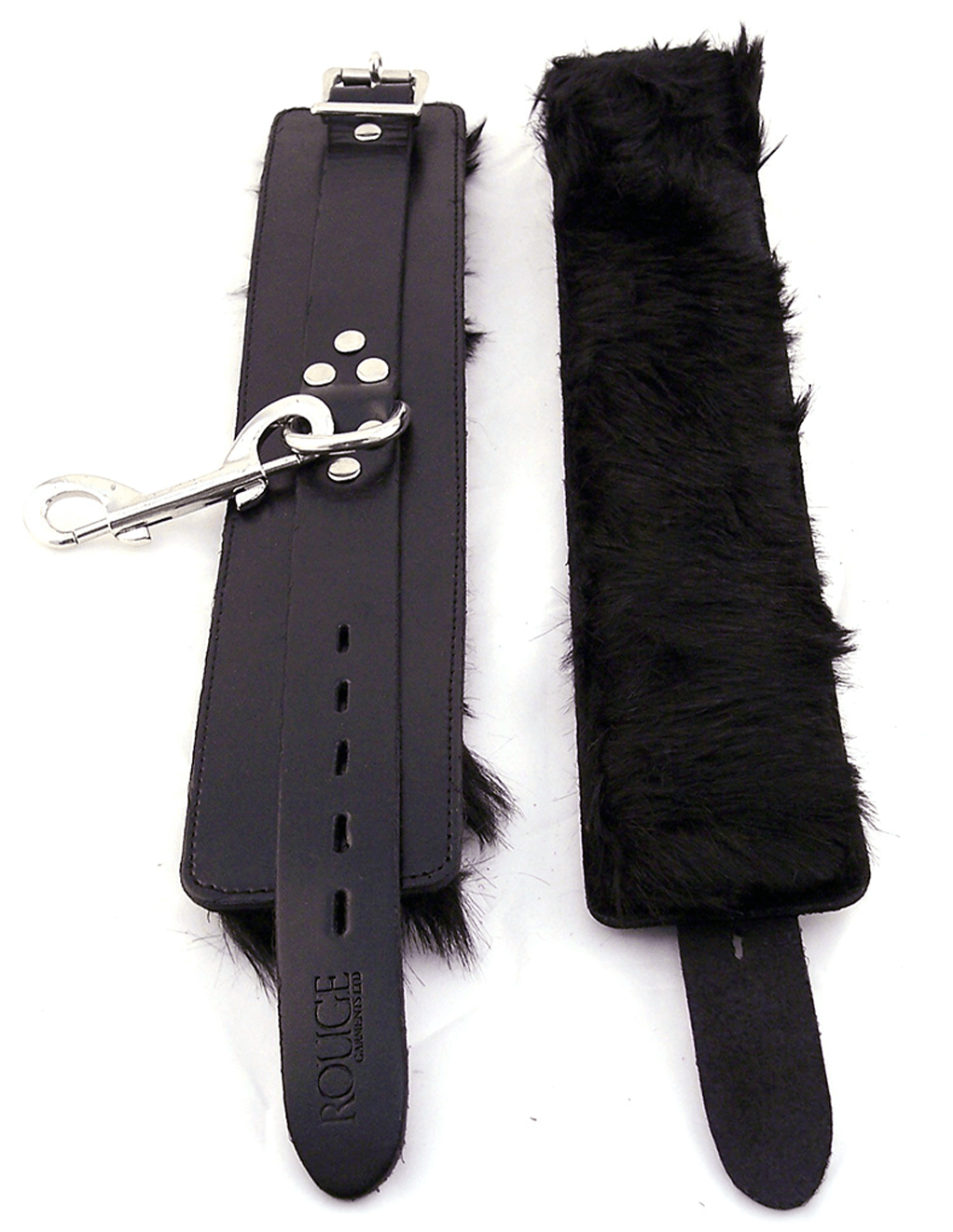 Rouge Leather & Fur Wrist Cuffs - Black/Black - Front & Back Flat