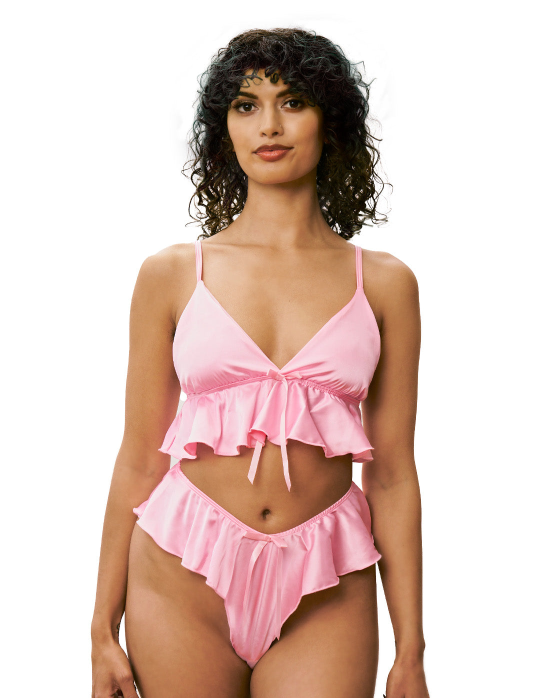Stretch Satin Tie Front Cami & Flutter Short Set