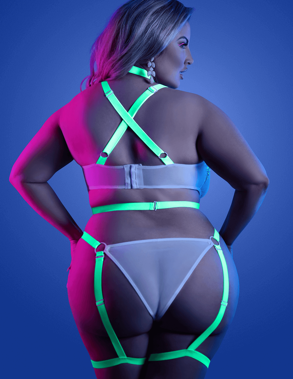 Night Vision Glow In The Dark Lace Strappy Teddy - White - Plus Back