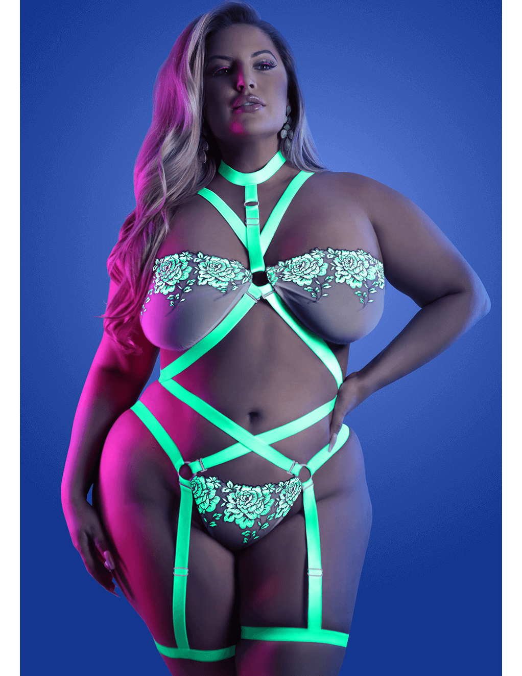 Night Vision Glow In The Dark Lace Strappy Teddy - White - Plus Main