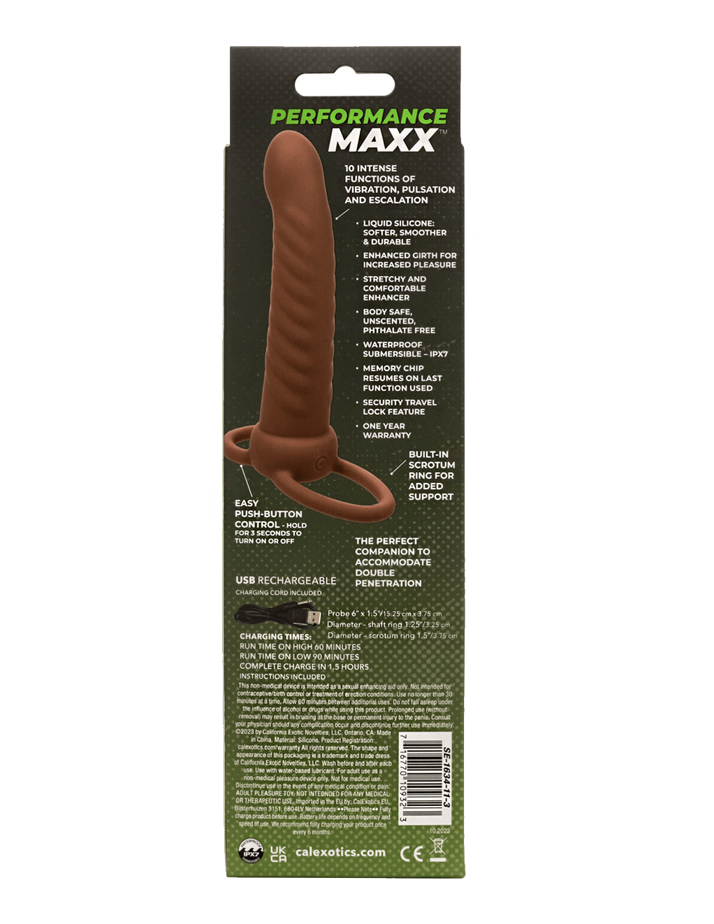 Performance Maxx Rechargeable Ribbed Dual Penetrator - Chocolate - Box Back