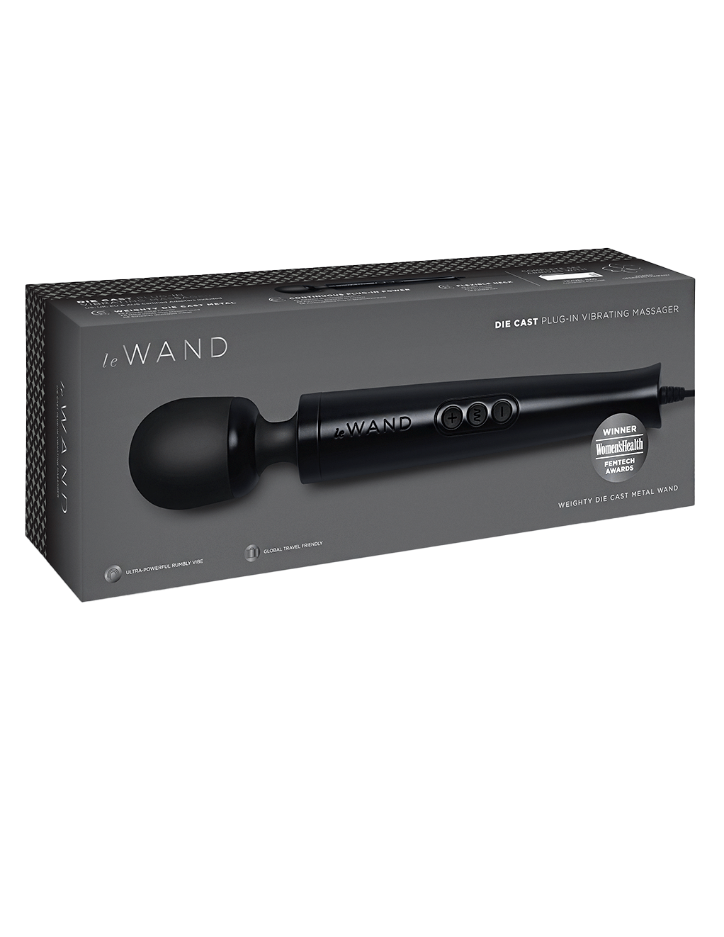 Le Wand Diecast Plug-In Vibrating Wand - Black - Box Front