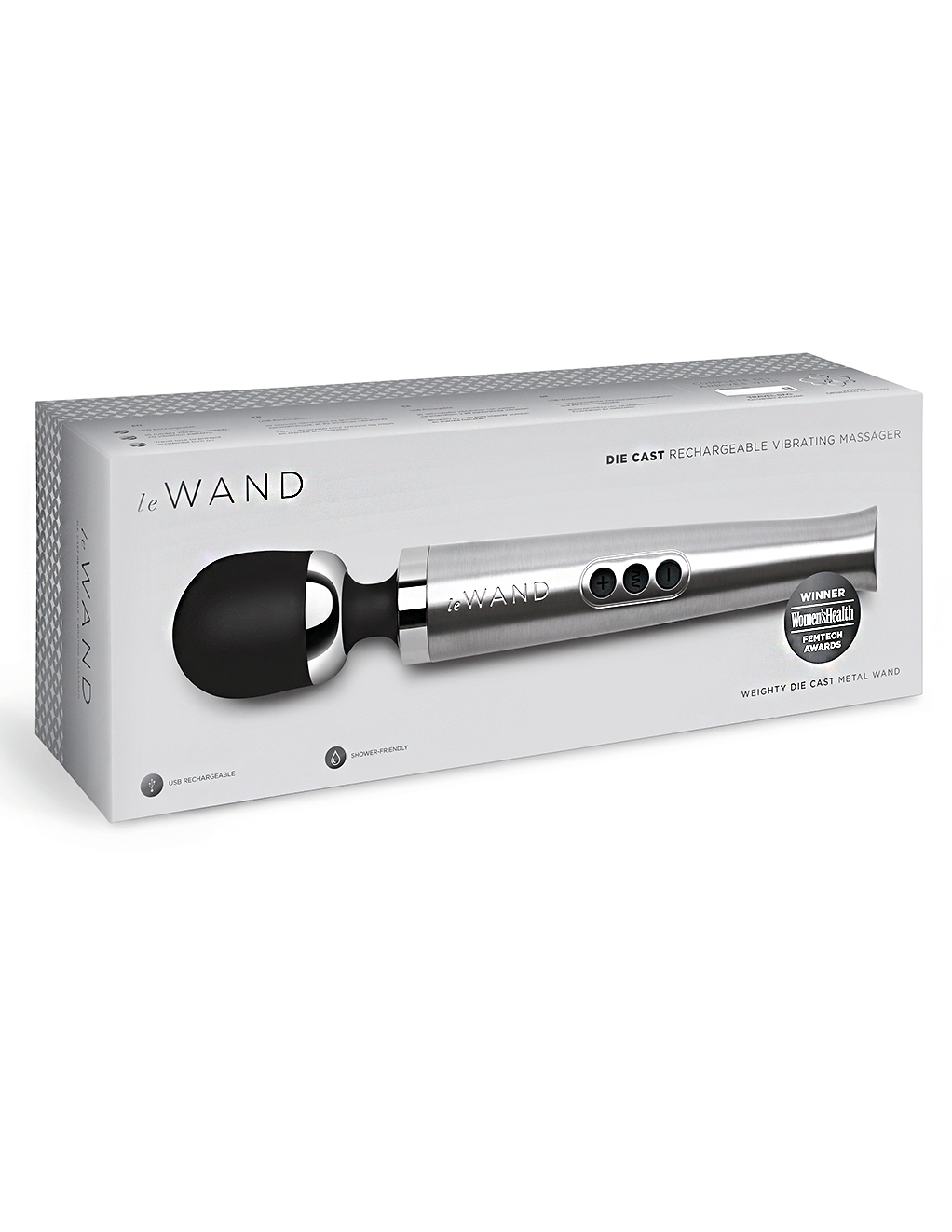 Le Wand Diecast Rechargeable Wand - Silver - Box Front