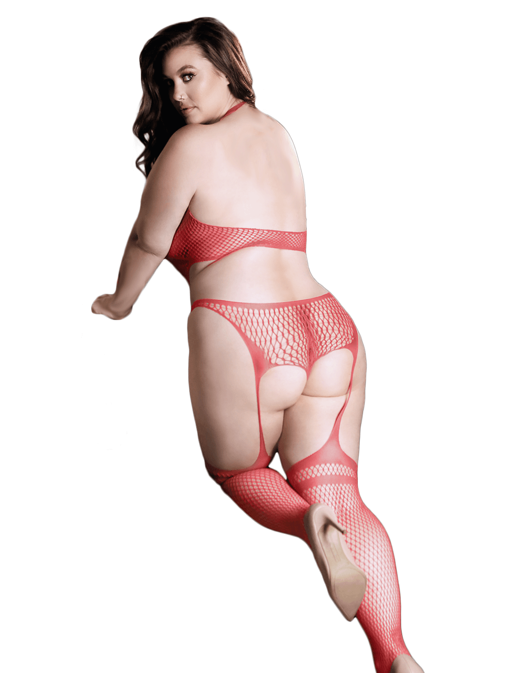 Mesmerized Caged Halter Teddy Bodystocking - Sunset Coral - Plus Back