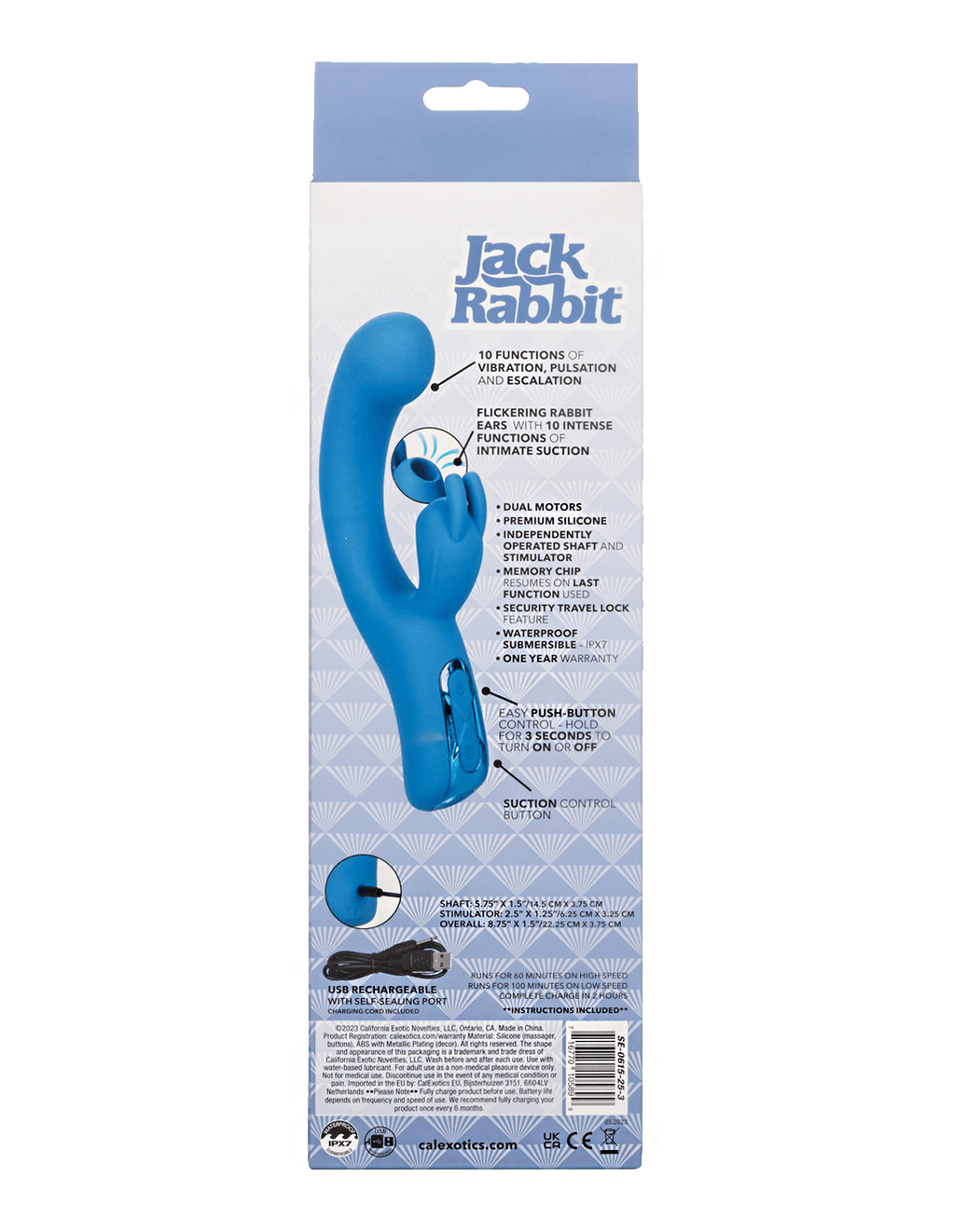 Jack Rabbit Elite Suction Rabbit Vibrator - Blue - Box - Back