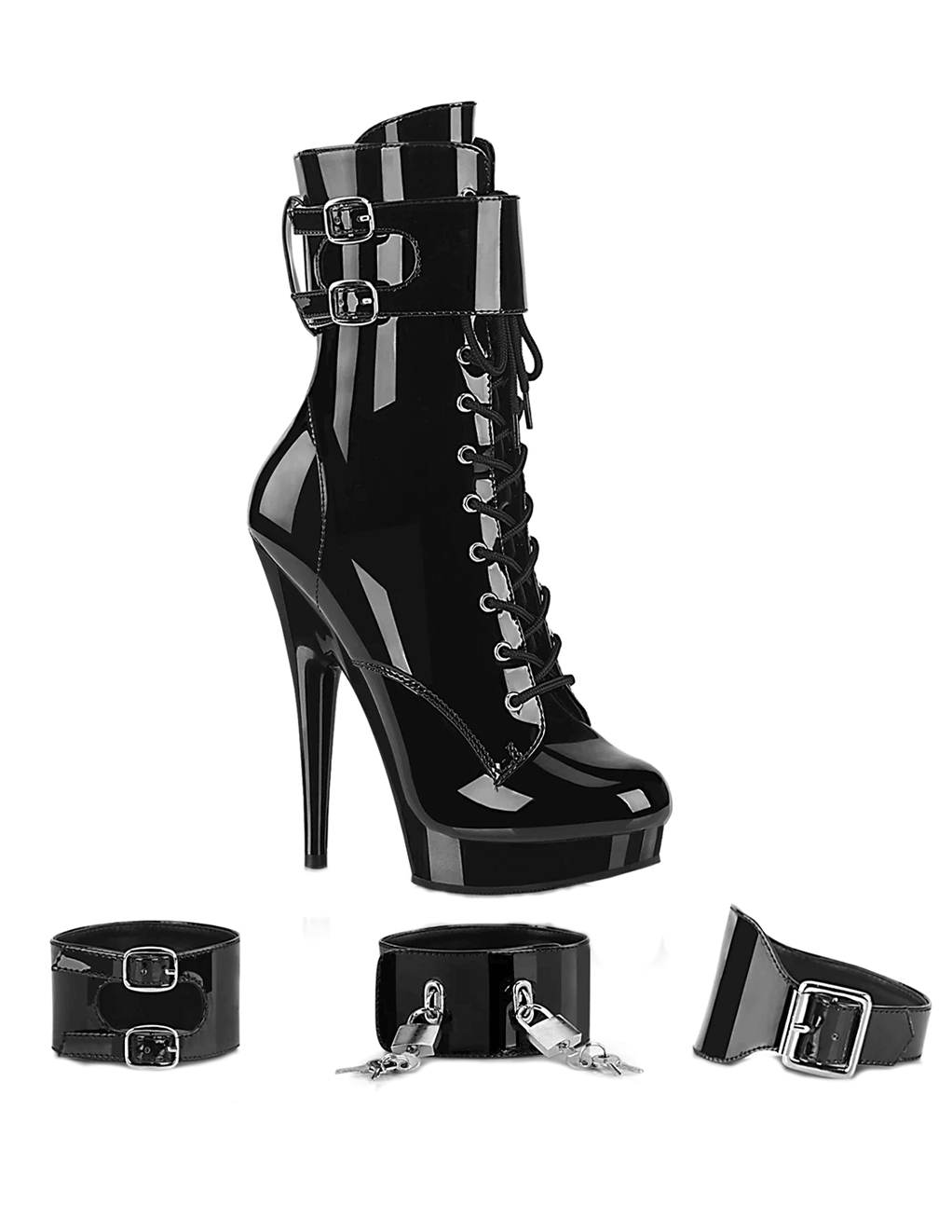 Sultry-1023 Lace Up Ankle Boot Heel With Cuffs - Black Patent/Black - With Included Cuffs
