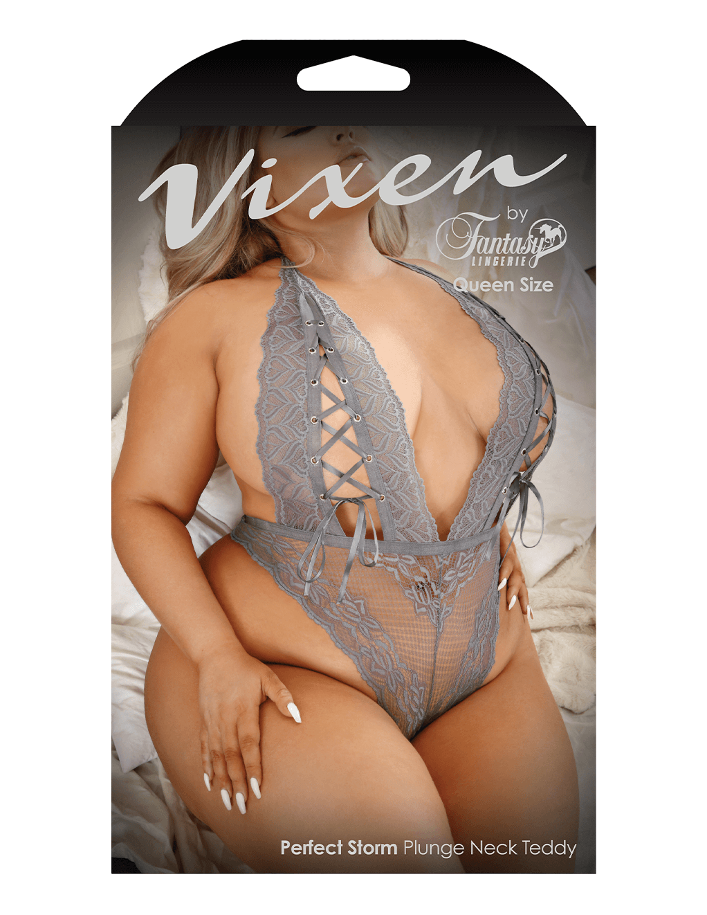 Perfect Storm Lace Up Plunge Teddy - Grey - Plus Box