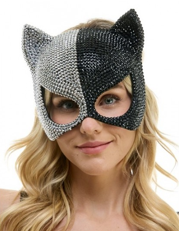 Silver & Black Rhinestone Cat Mask