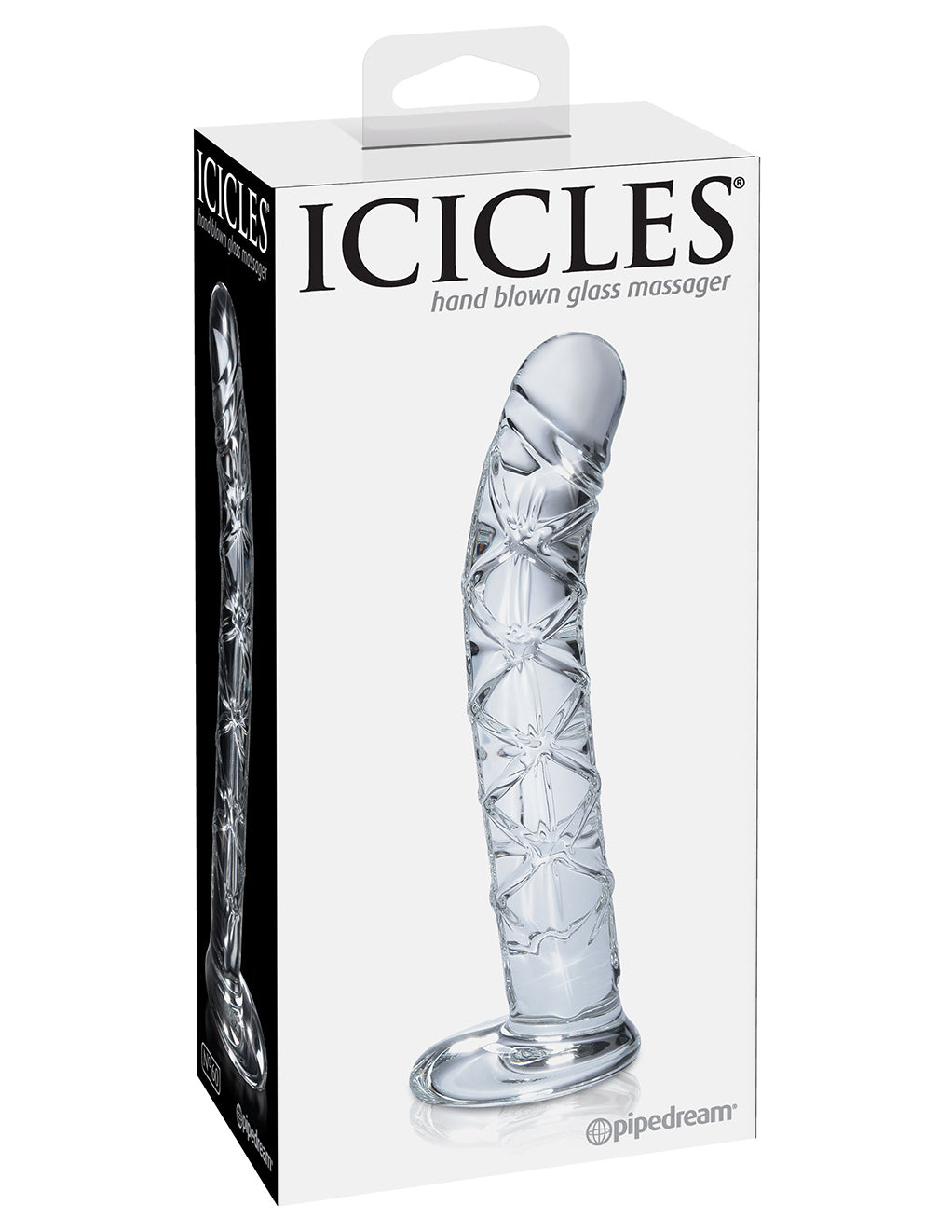 Icicles No 60 Glass Criss Crossed Spiral Textured Dildo- box
