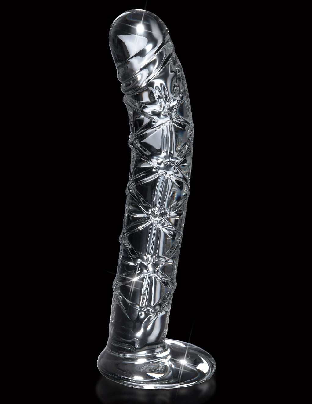 Icicles No 60 Glass Criss Crossed Spiral Textured Dildo- Front- Black background