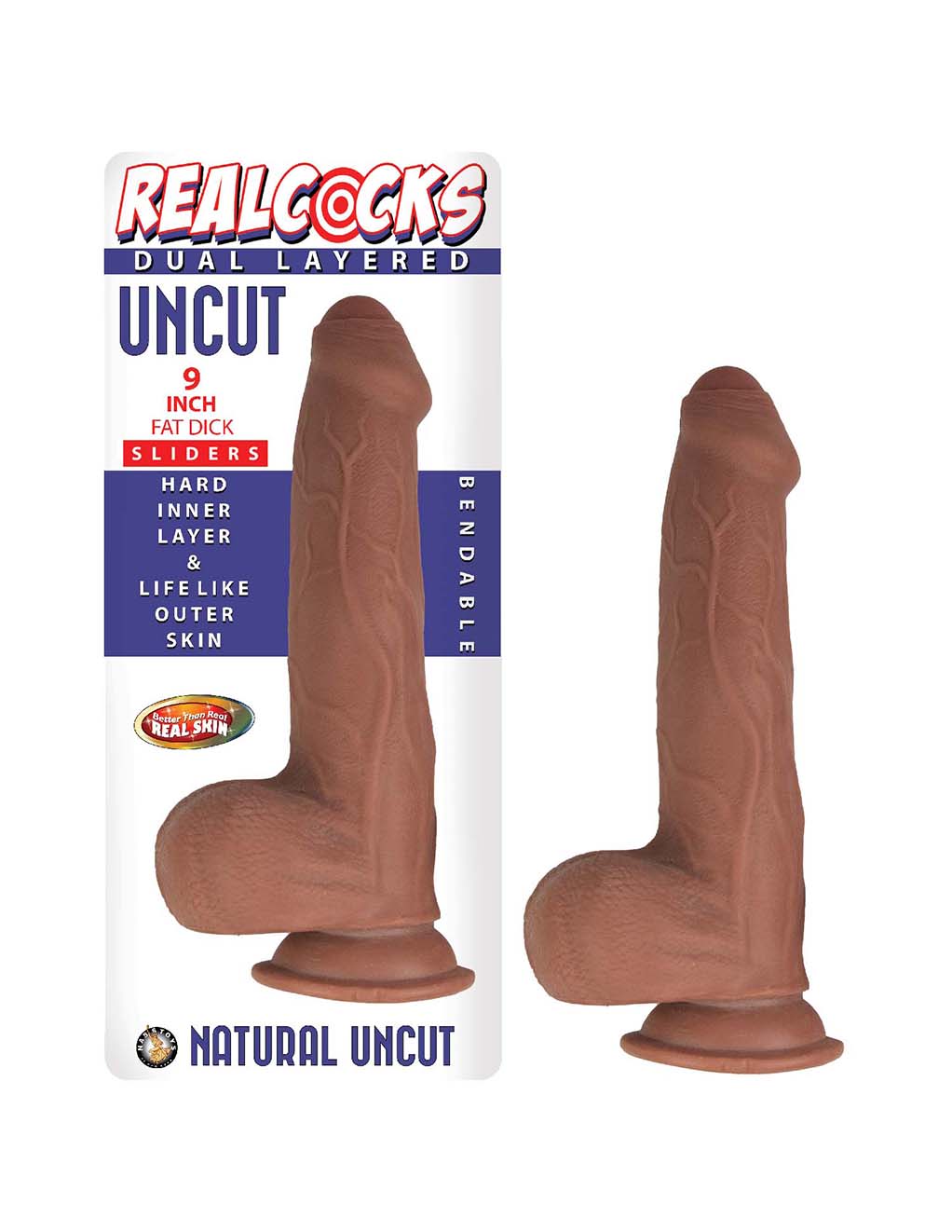RealCocks Uncut Slider 9" Fat Tip- Chocolate- With Box