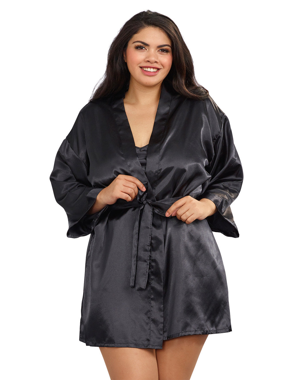 Satin Charm Robe and Chemise Set- Black- Plus size- Front
