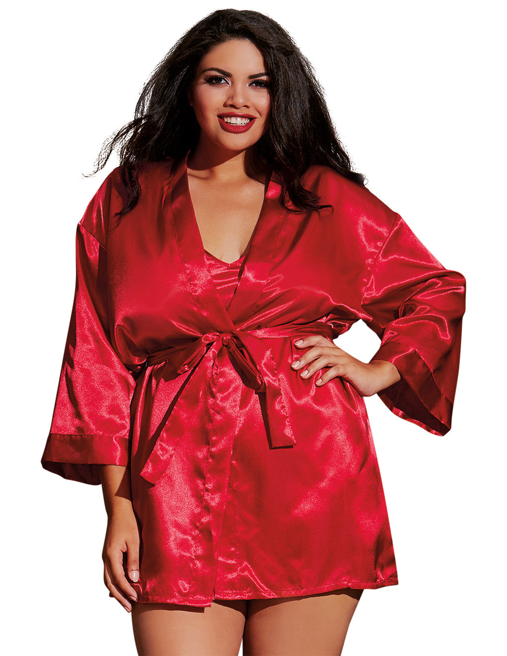 Satin Charm Robe and Chemise Set- Red- Front- Plus size