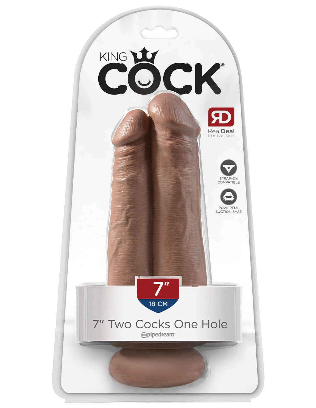 King Cock 7 Inch Two Cocks One Hole- Caramel- Package