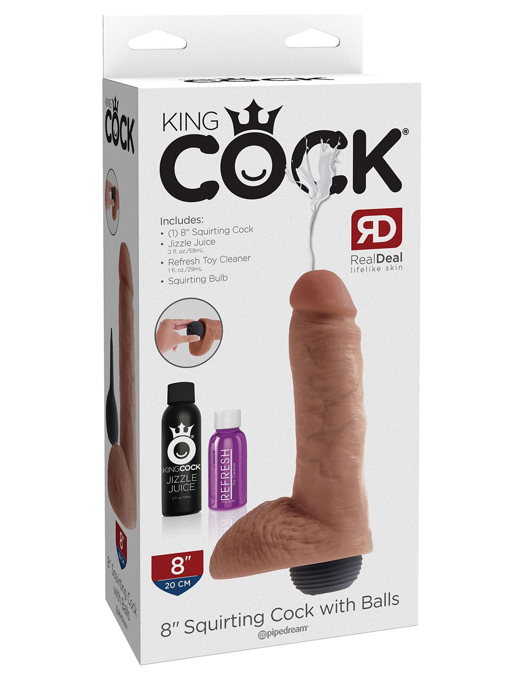 King Cock 8 Inch Squirting Cock with Balls- Caramel- Box